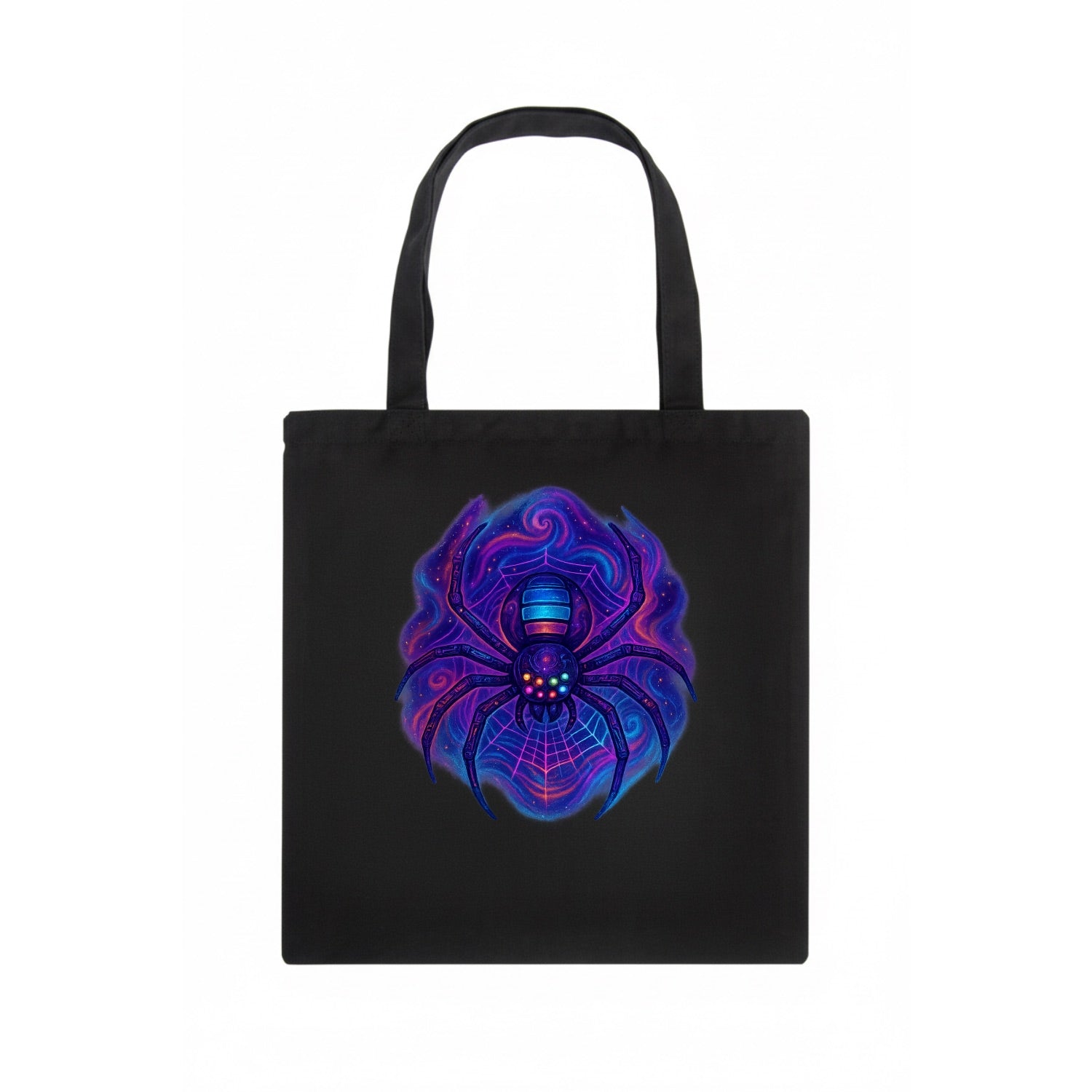 Tech spider with legs showing circuit board patterns, web glowing in neon grid lines, - Tote Bag - dark