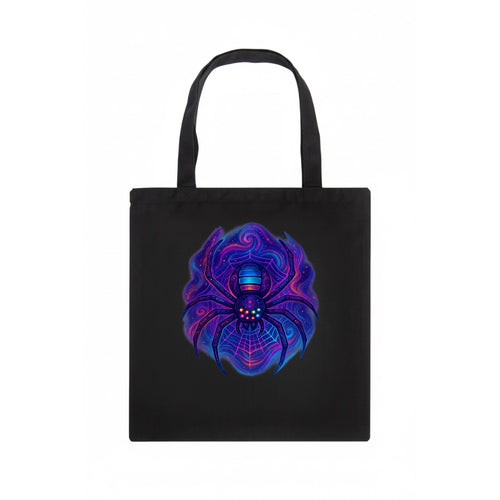 Tech spider with legs showing circuit board patterns, web glowing in neon grid lines, - Tote Bag