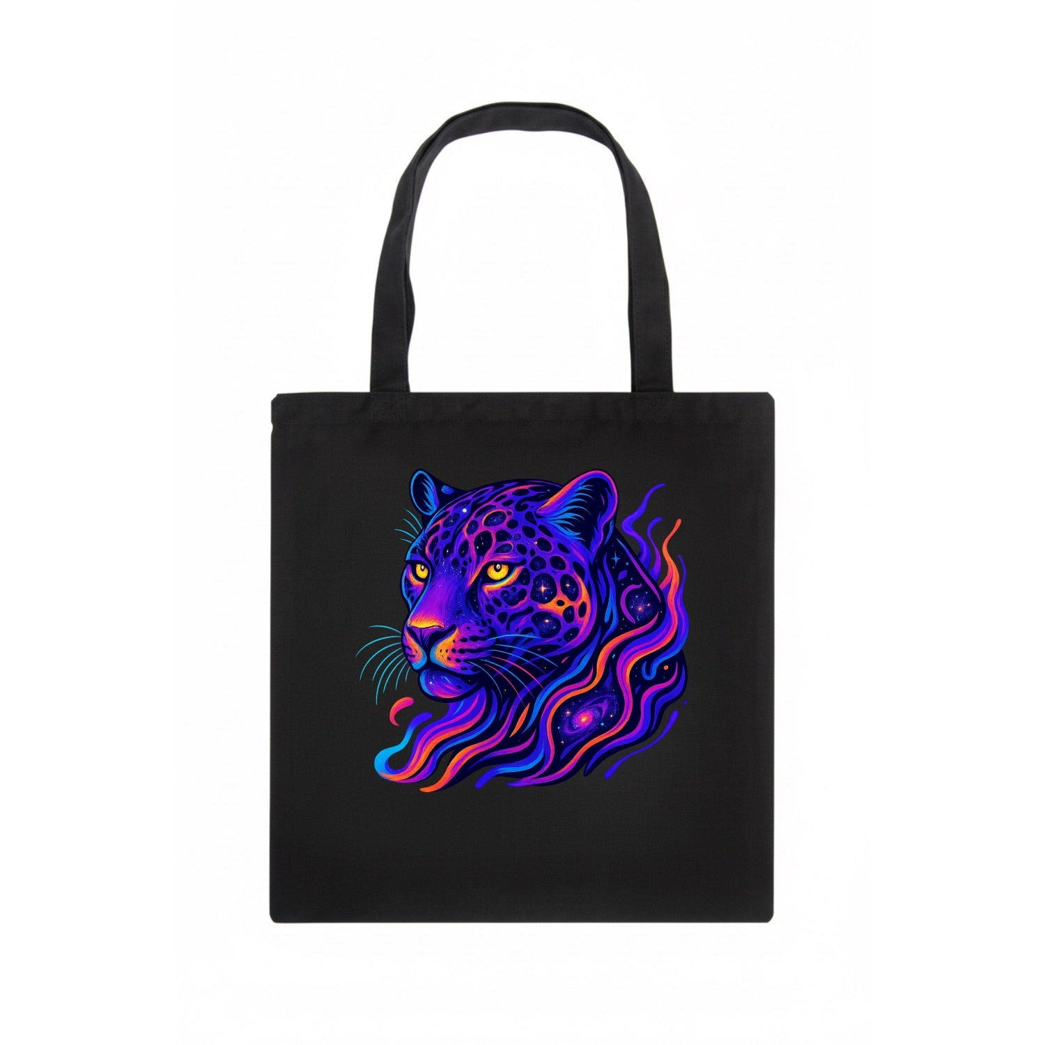 Powerful jaguar with rosettes containing miniature galaxies, cosmic purple and orange - Tote Bag - dark