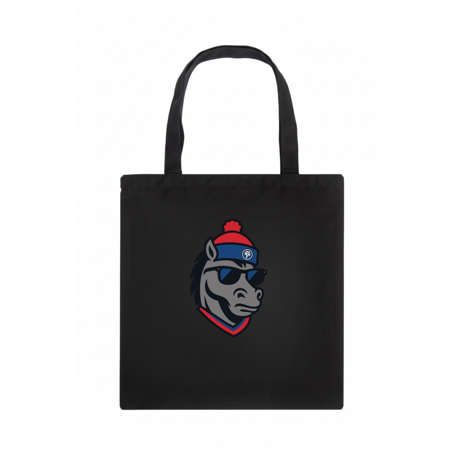 Detroit Stallion wearing Pistons red and blue beanie with piston patch and wayfarer - Tote Bag - dark