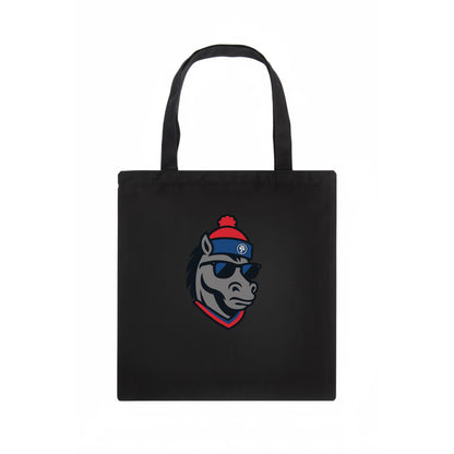 Detroit Stallion wearing Pistons red and blue beanie with piston patch and wayfarer - Tote Bag - dark