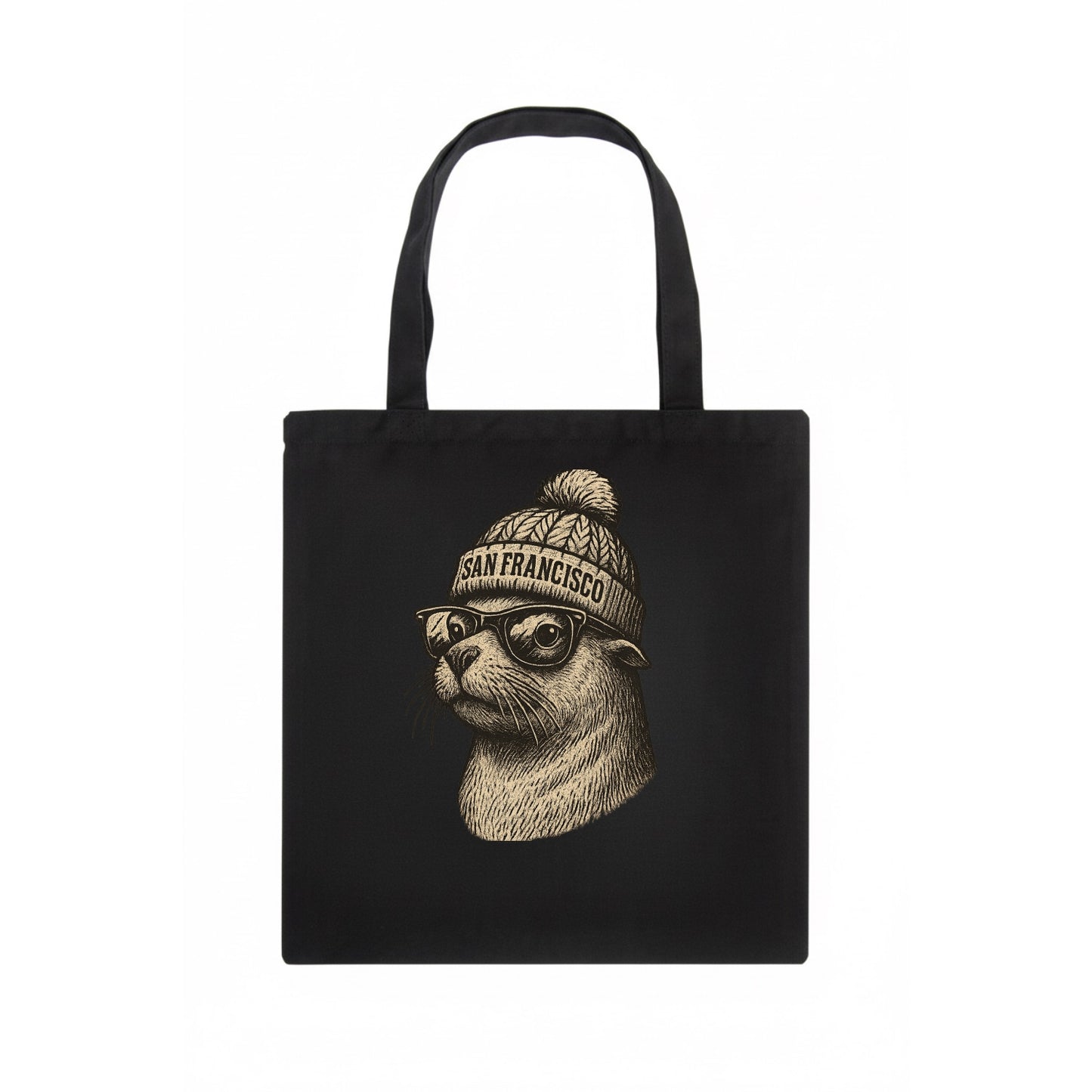 San Francisco Sea Lion wearing San Francisco beanie with pom pom and wayfarer sunglasses - Tote Bag - dark