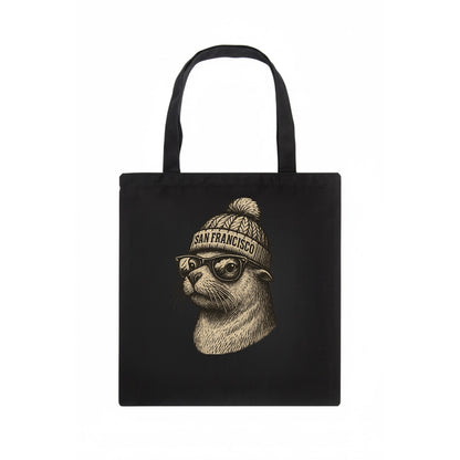 San Francisco Sea Lion wearing San Francisco beanie with pom pom and wayfarer sunglasses - Tote Bag - dark