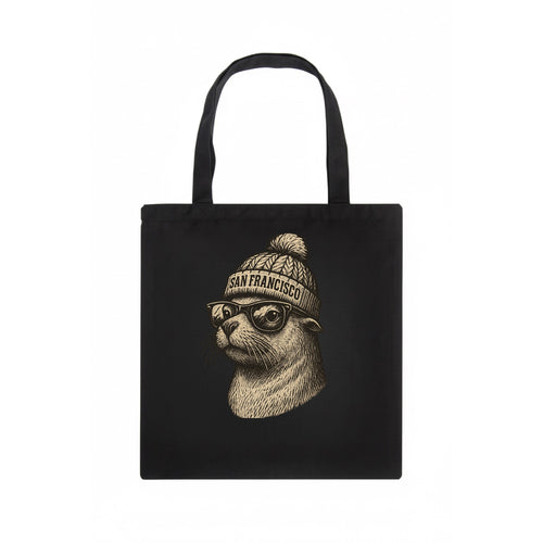 San Francisco Sea Lion wearing San Francisco beanie with pom pom and wayfarer sunglasses - Tote Bag