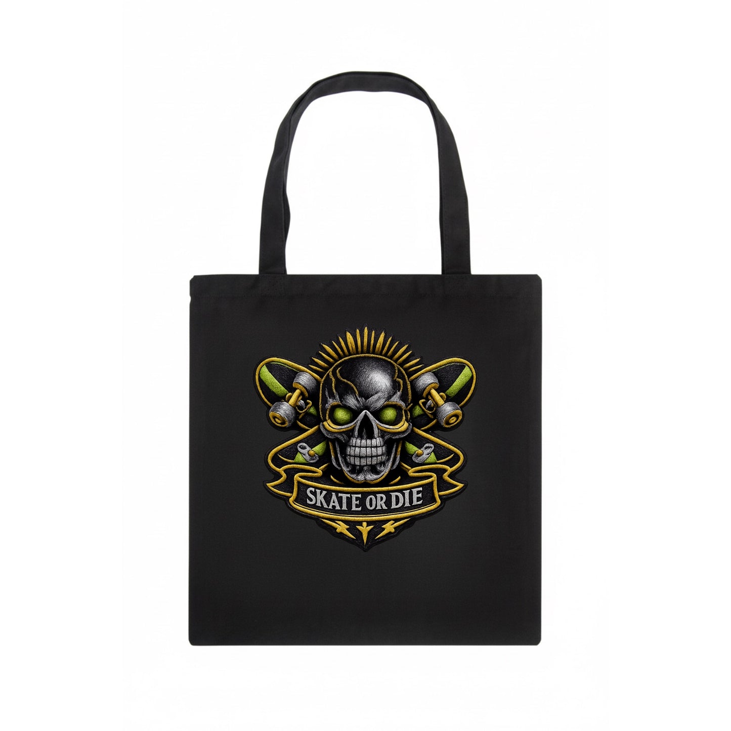 SKATEBOARD SKULL - skull with skateboard in black and neon green , extreme sport - Tote Bag - dark