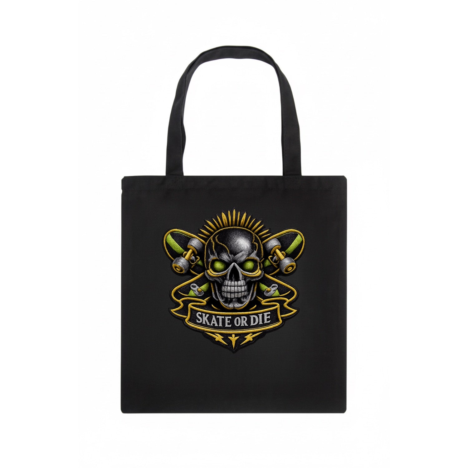 SKATEBOARD SKULL - skull with skateboard in black and neon green , extreme sport - Tote Bag - dark
