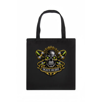 SKATEBOARD SKULL - skull with skateboard in black and neon green , extreme sport - Tote Bag - dark