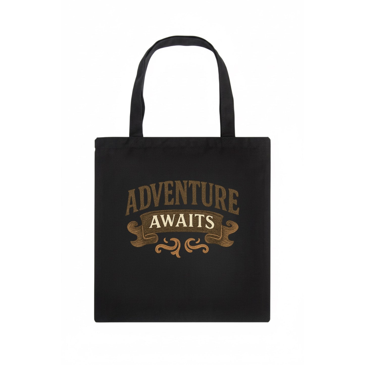 Bold typography design - "ADVENTURE AWAITS" - excitement ahead, ready for anything - Tote Bag - dark