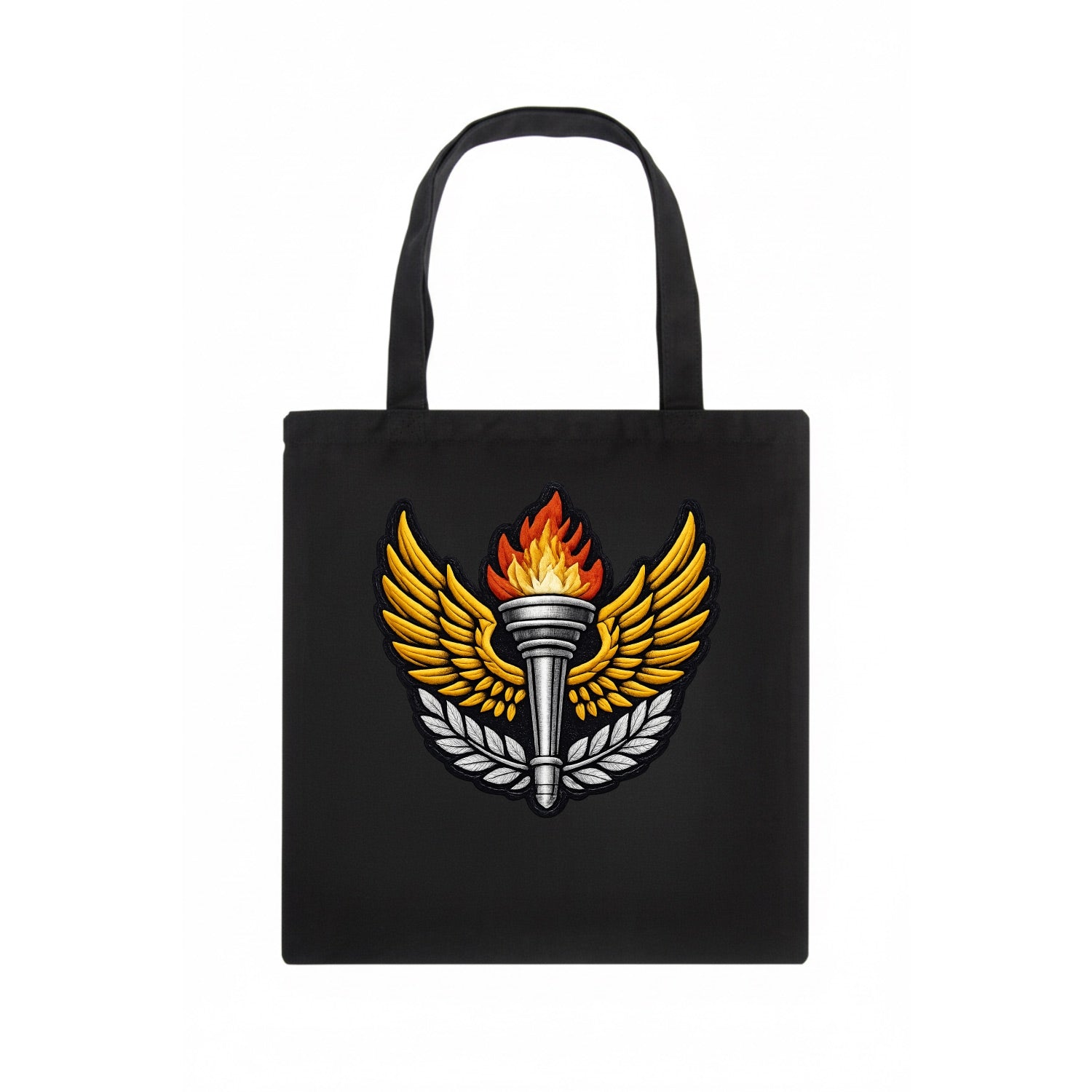 Embroidered patch design - TRACK AND FIELD TORCH - Olympic style torch with wings in - Tote Bag - dark