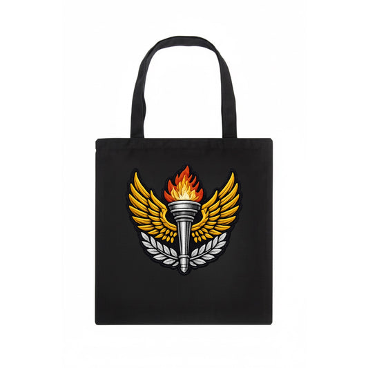 Embroidered patch design - TRACK AND FIELD TORCH - Olympic style torch with wings in - Tote Bag - dark