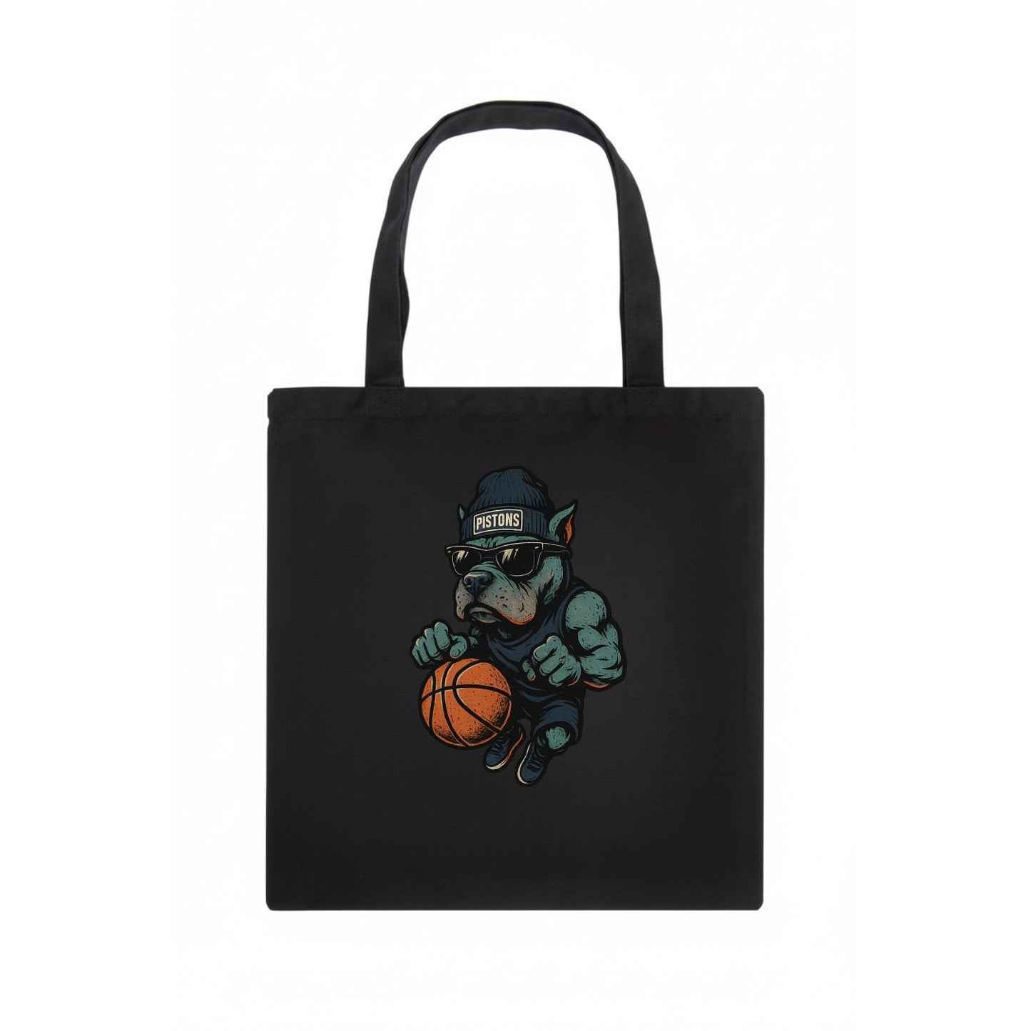 Detroit Pitbull wearing Pistons beanie with chrome patch and wayfarer sunglasses - Tote Bag - dark