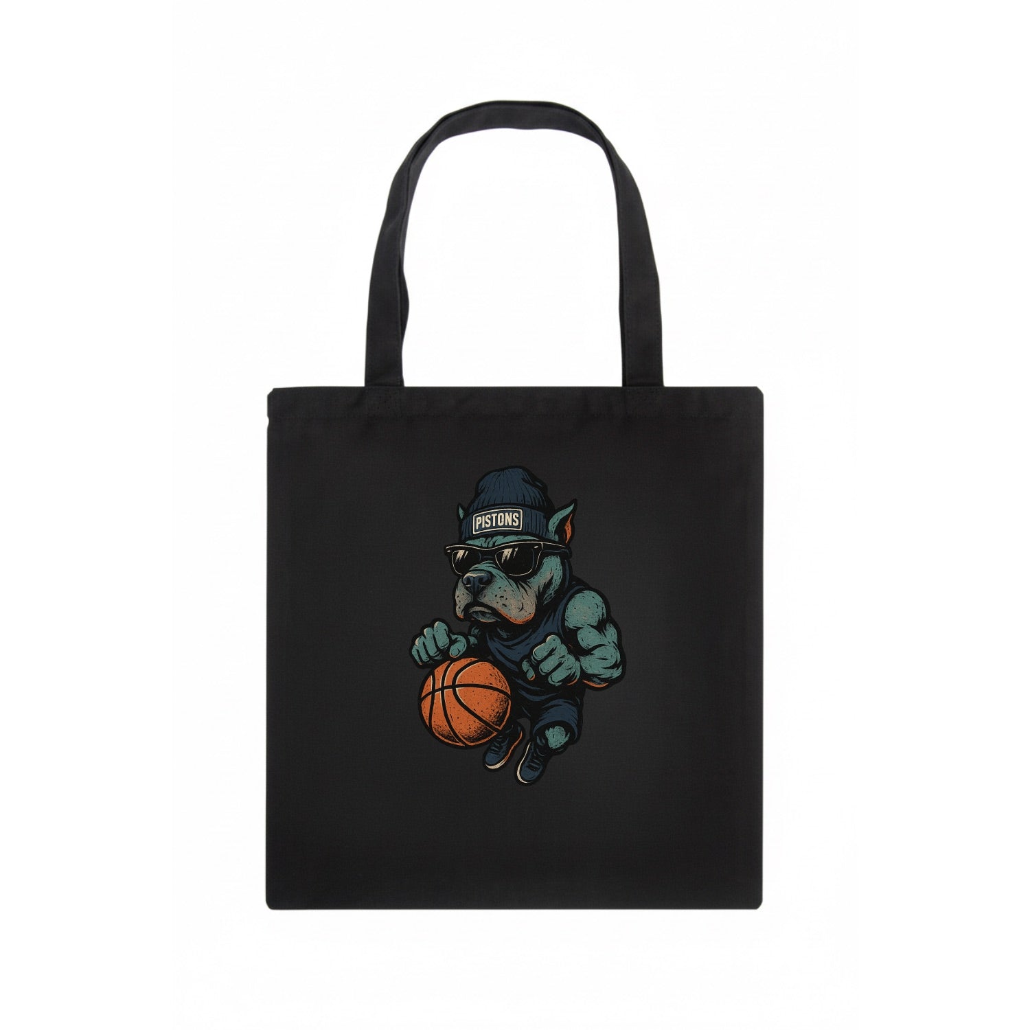 Detroit Pitbull wearing Pistons beanie with chrome patch and wayfarer sunglasses - Tote Bag - dark
