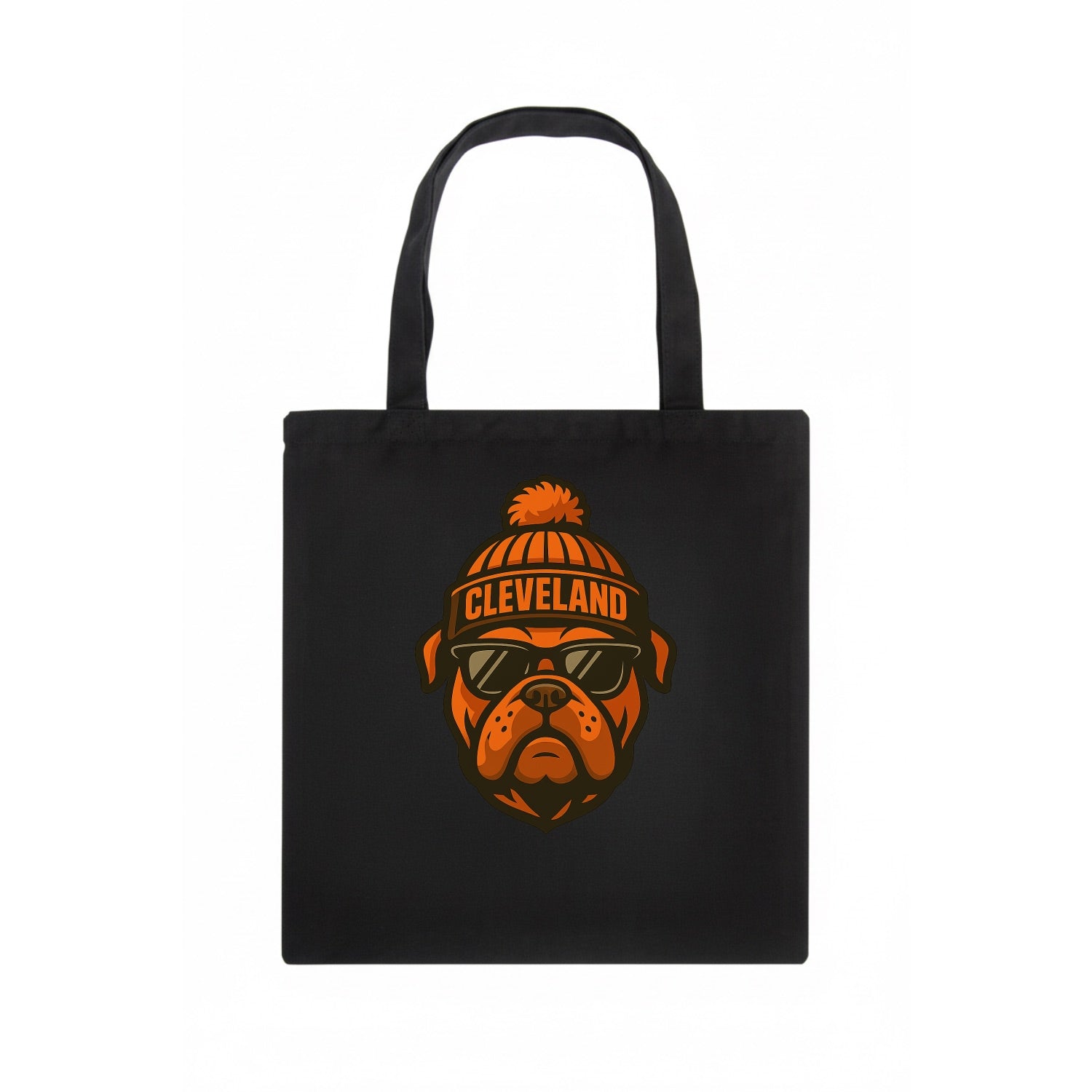 Cleveland Bulldog wearing Browns orange and brown beanie with pom pom and wayfarer - Tote Bag - dark