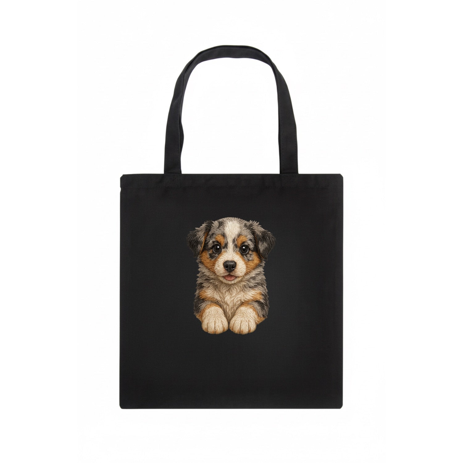 Baby Australian Shepherd Puppy - merle coat, bright eyes, fluffy, front-facing, smart - Tote Bag - dark