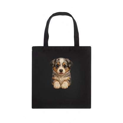 Baby Australian Shepherd Puppy - merle coat, bright eyes, fluffy, front-facing, smart - Tote Bag - dark