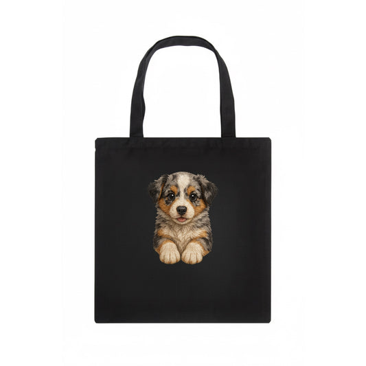 Baby Australian Shepherd Puppy - merle coat, bright eyes, fluffy, front-facing, smart - Tote Bag - dark