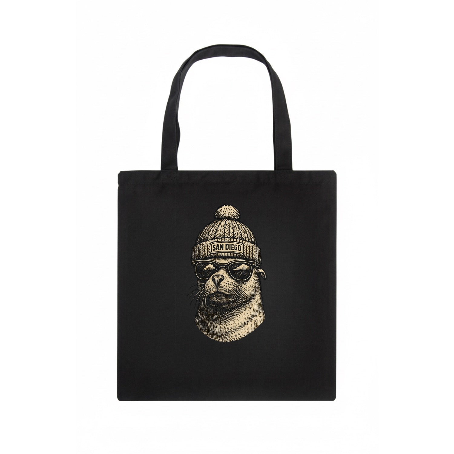 San Diego Sea Lion wearing San Diego beanie with pom pom and wayfarer sunglasses - Tote Bag - dark
