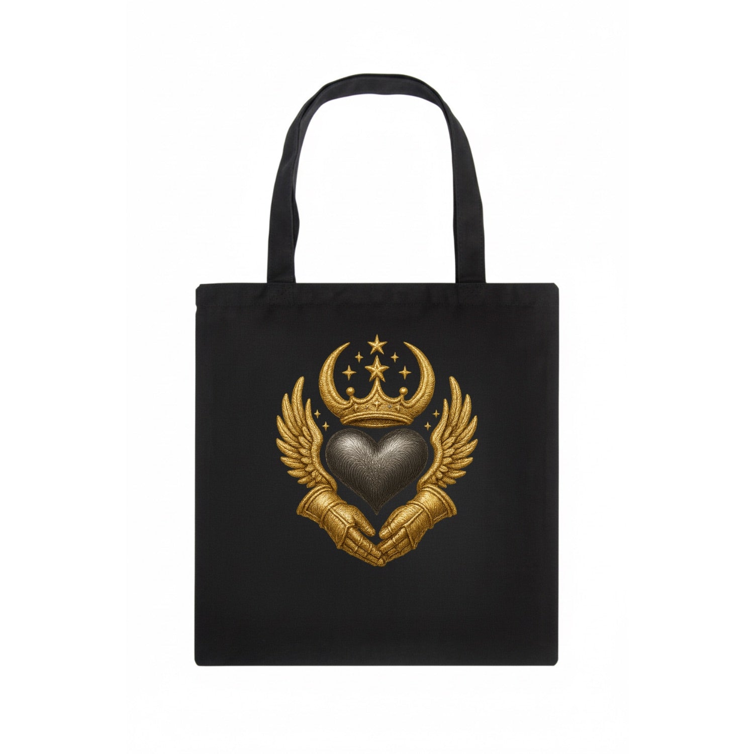 Nordic knotwork crown supporting a frosted steel heart with mittened hands interlocked - Tote Bag - dark