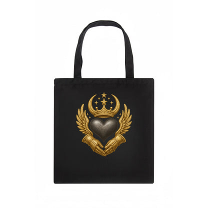 Nordic knotwork crown supporting a frosted steel heart with mittened hands interlocked - Tote Bag - dark