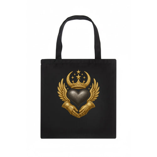 Nordic knotwork crown supporting a frosted steel heart with mittened hands interlocked - Tote Bag