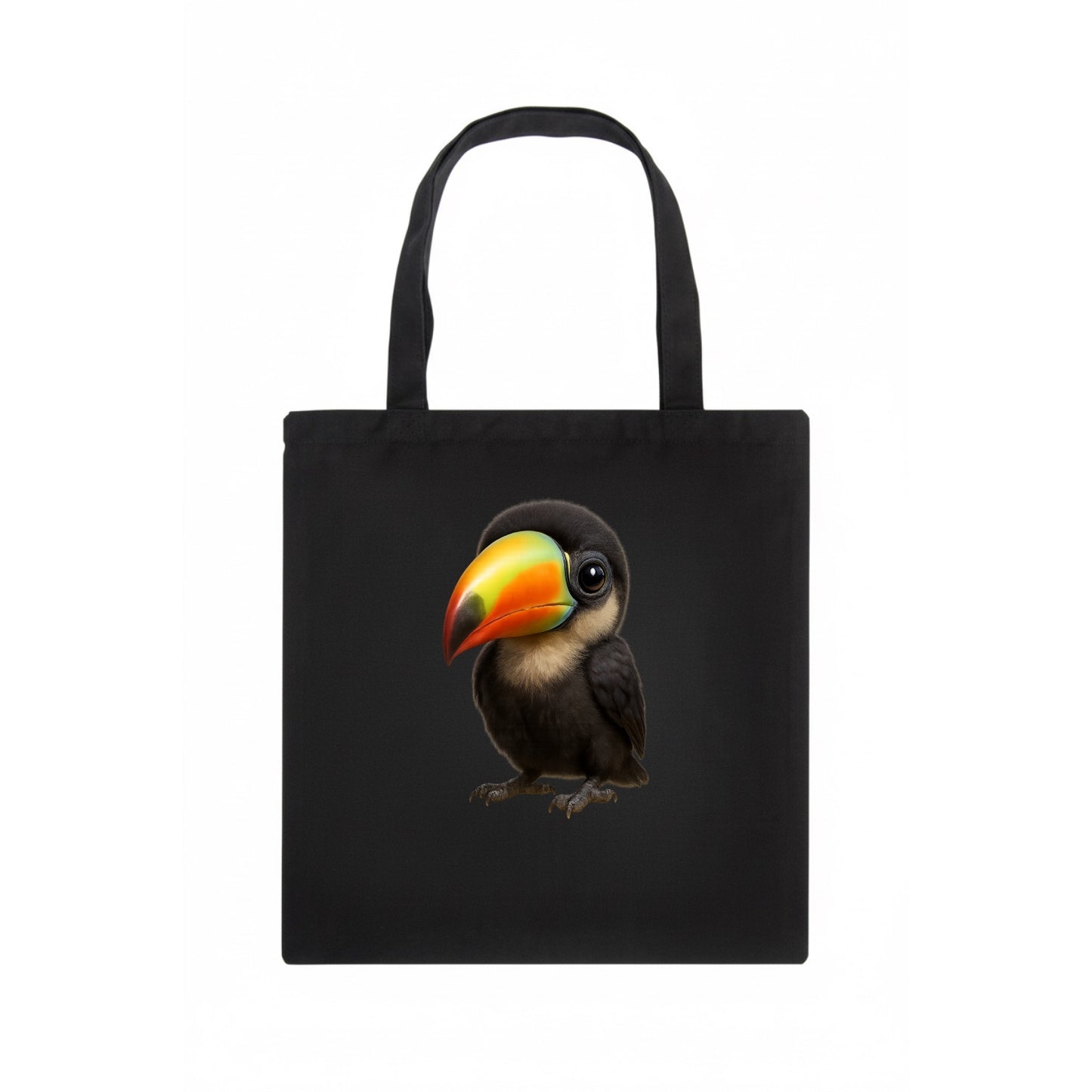 Baby Toucan - oversized colorful beak, black feathers, bright eyes, front-facing, fruit - Tote Bag - dark