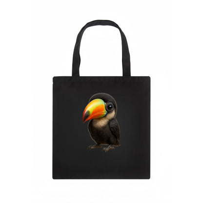 Baby Toucan - oversized colorful beak, black feathers, bright eyes, front-facing, fruit - Tote Bag - dark