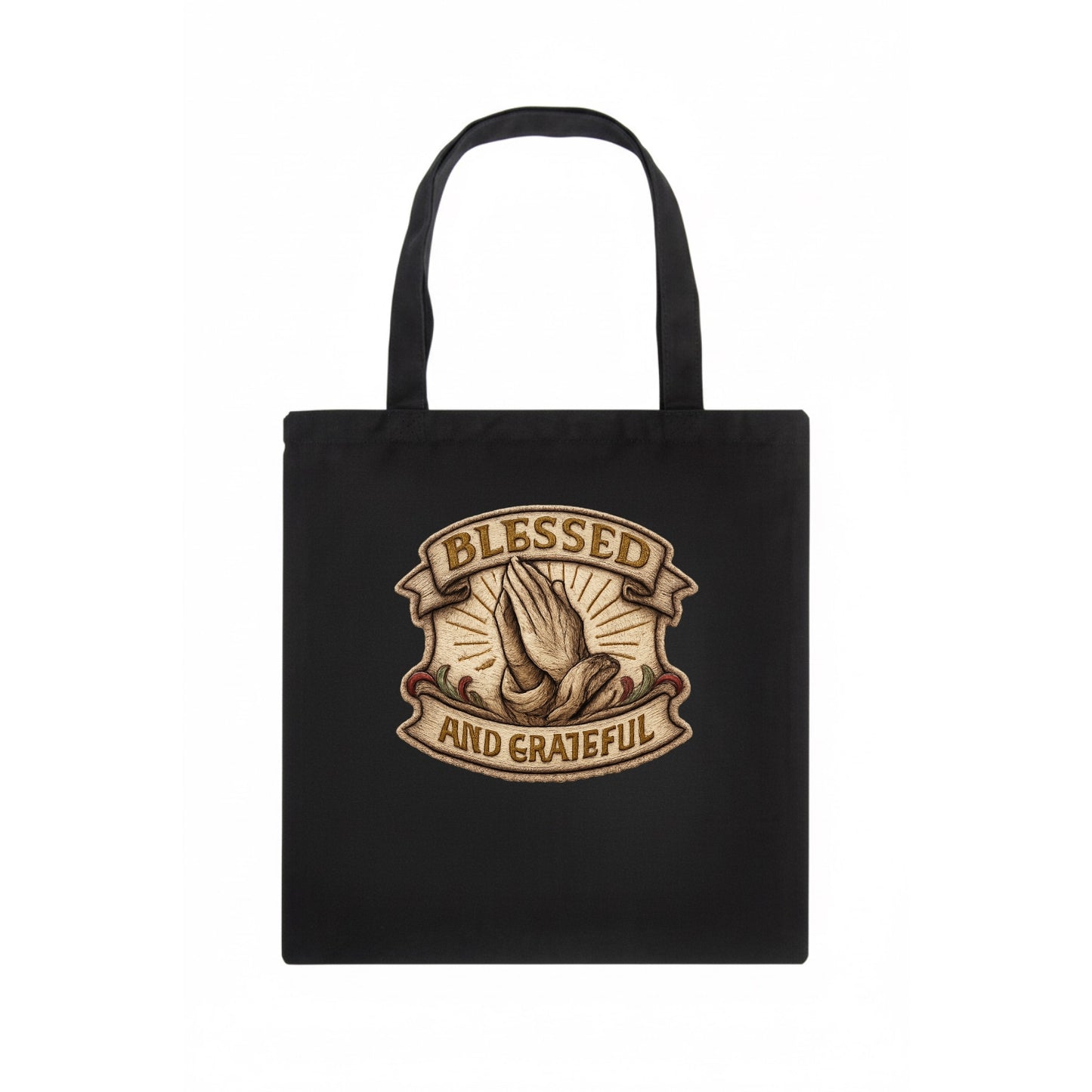 BLESSED AND GRATEFUL - praying hands with text in gold , thankful - Tote Bag - dark