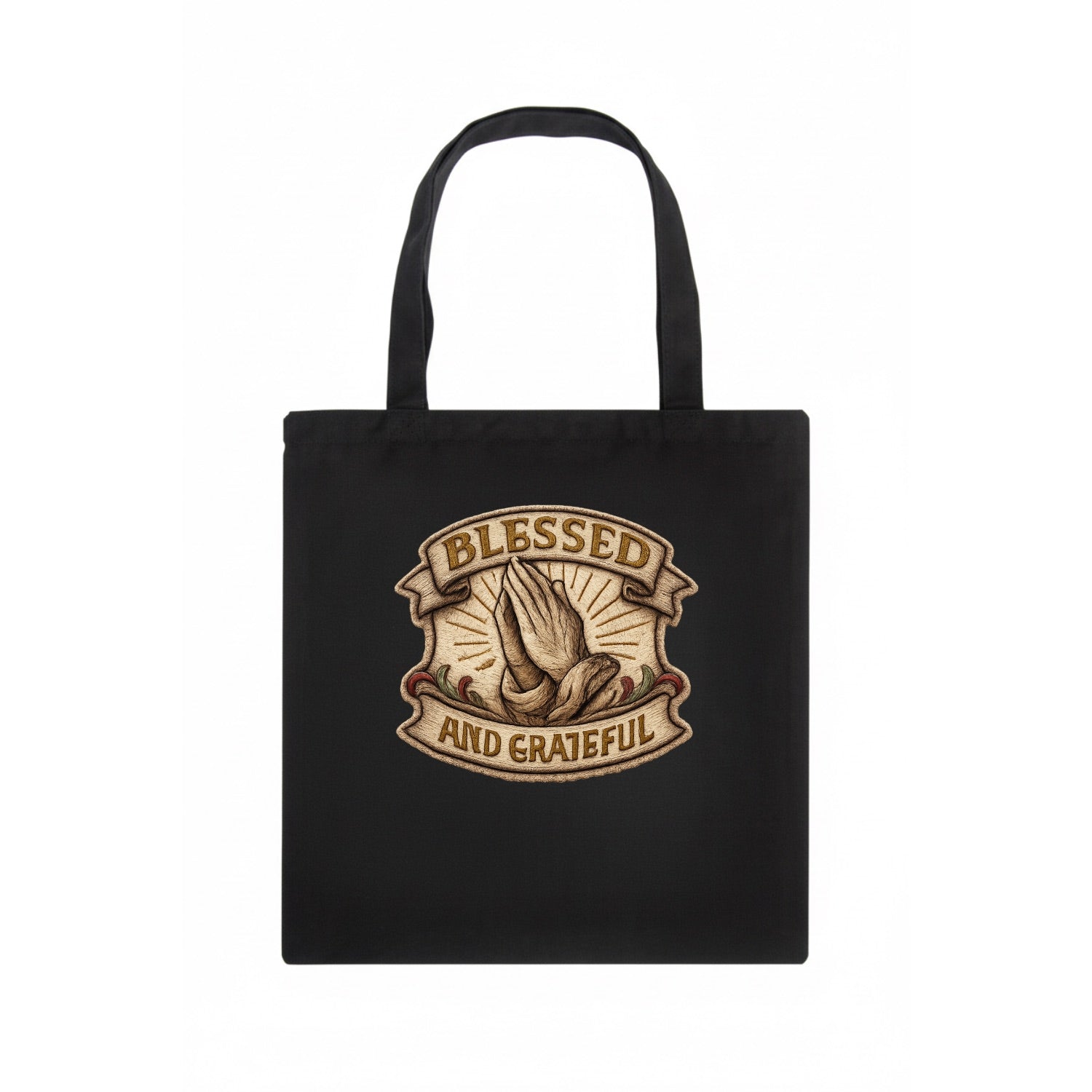 BLESSED AND GRATEFUL - praying hands with text in gold , thankful - Tote Bag - dark