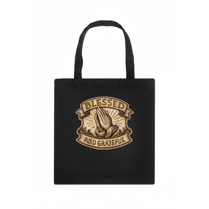 BLESSED AND GRATEFUL - praying hands with text in gold , thankful - Tote Bag - dark