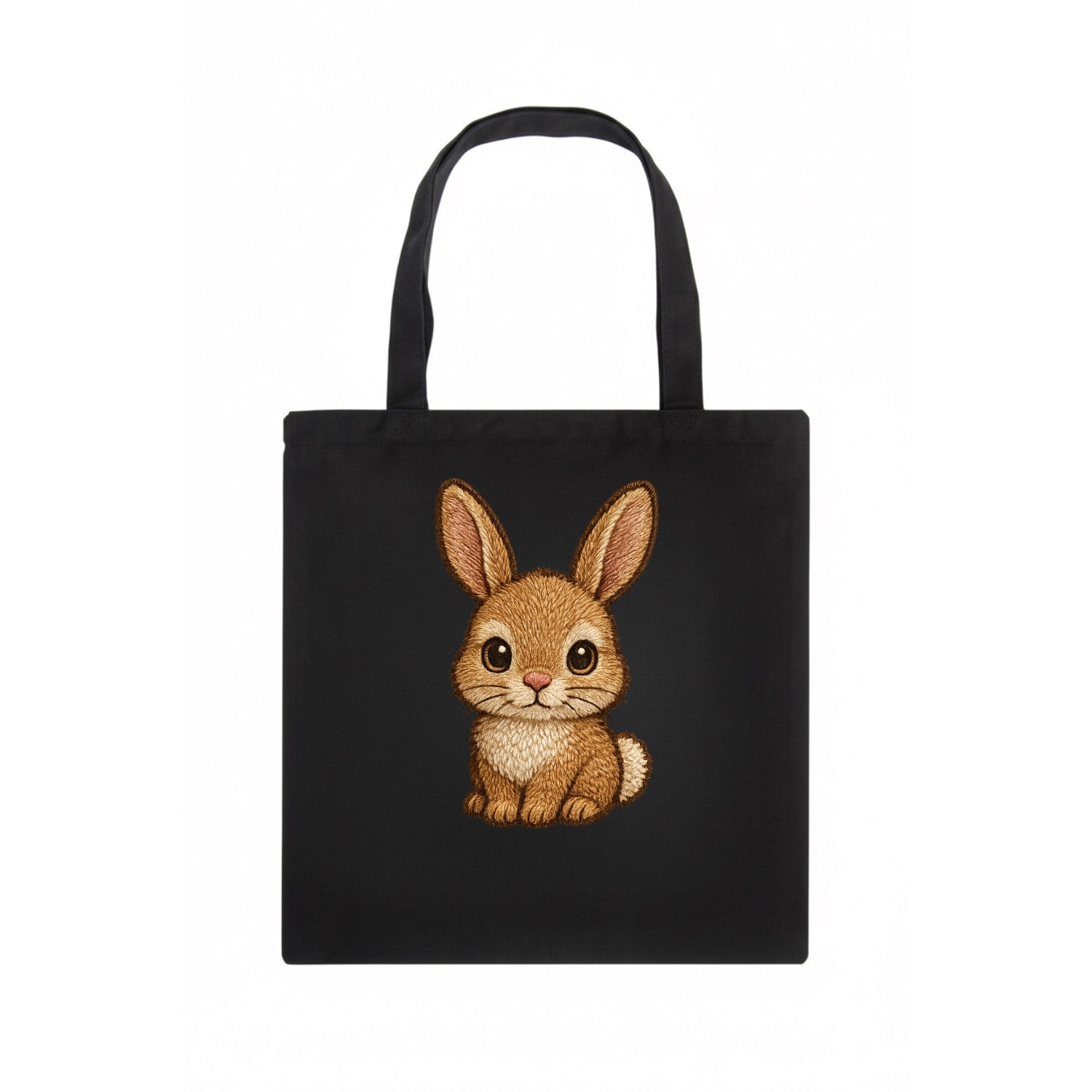 Baby Rabbit - long ears, fluffy white tail, pink nose, large brown eyes, front-facing, - Tote Bag - dark