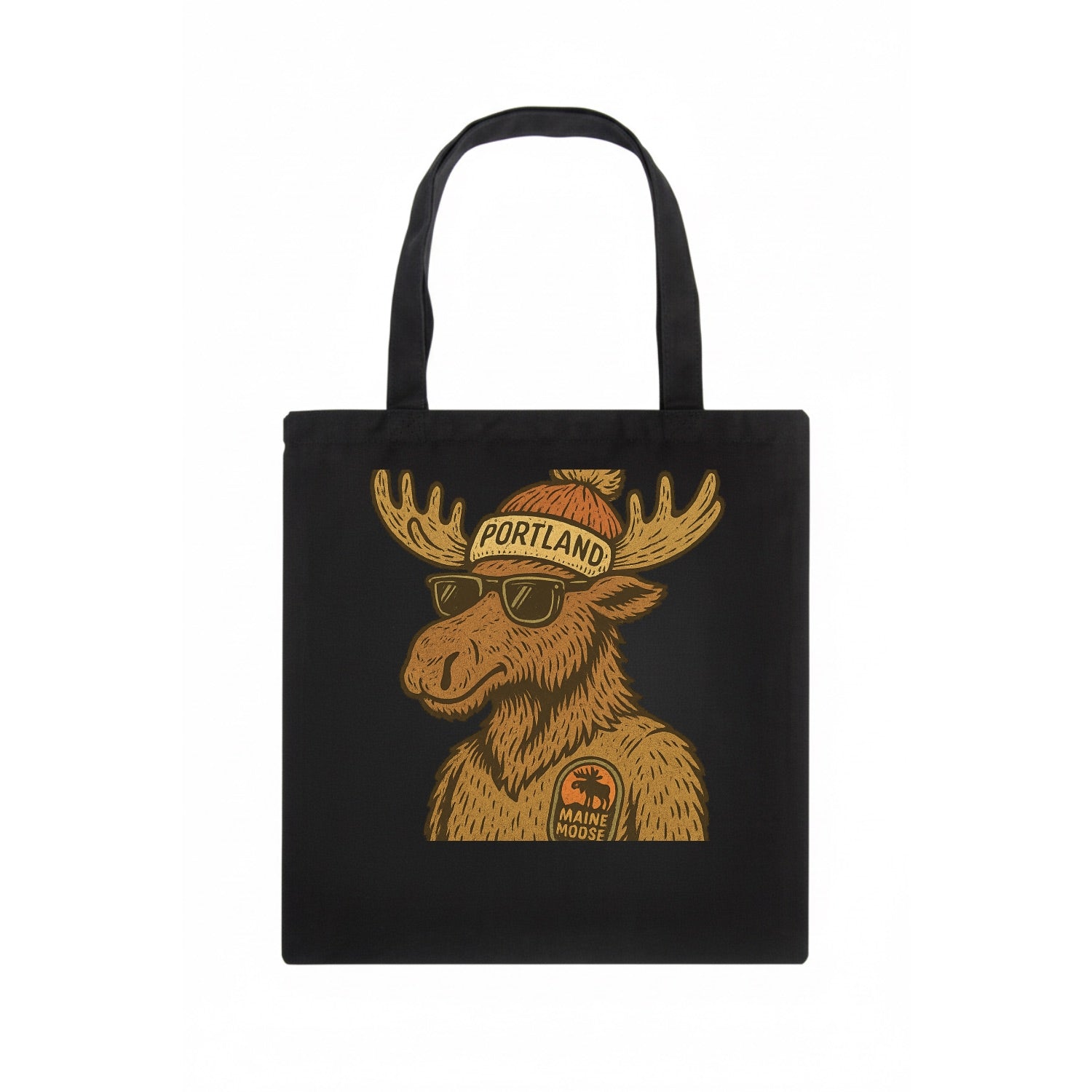 Maine Moose wearing Portland beanie with pom pom and wayfarer sunglasses - Tote Bag - dark