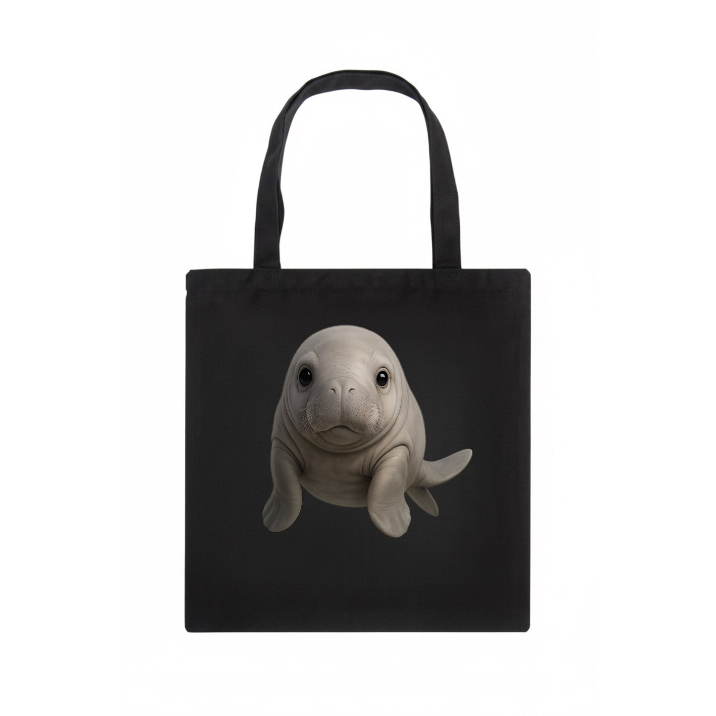 Baby Dugong - gray with paddle tail, gentle expression, whiskers, front-facing, sweet - Tote Bag - dark