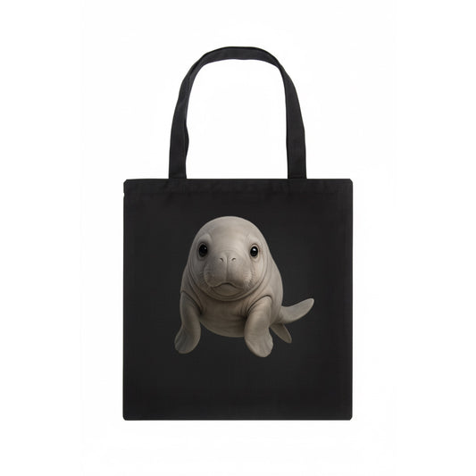 Baby Dugong - gray with paddle tail, gentle expression, whiskers, front-facing, sweet - Tote Bag - dark