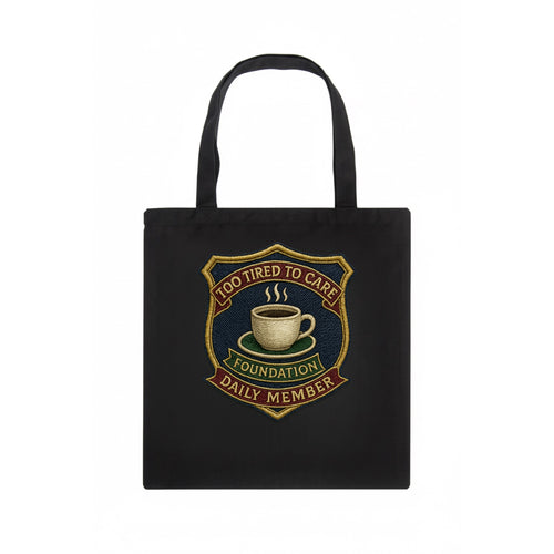 Crest with coffee cup - Too Tired To Care Foundation - Daily Member - exhausted apathy - Tote Bag