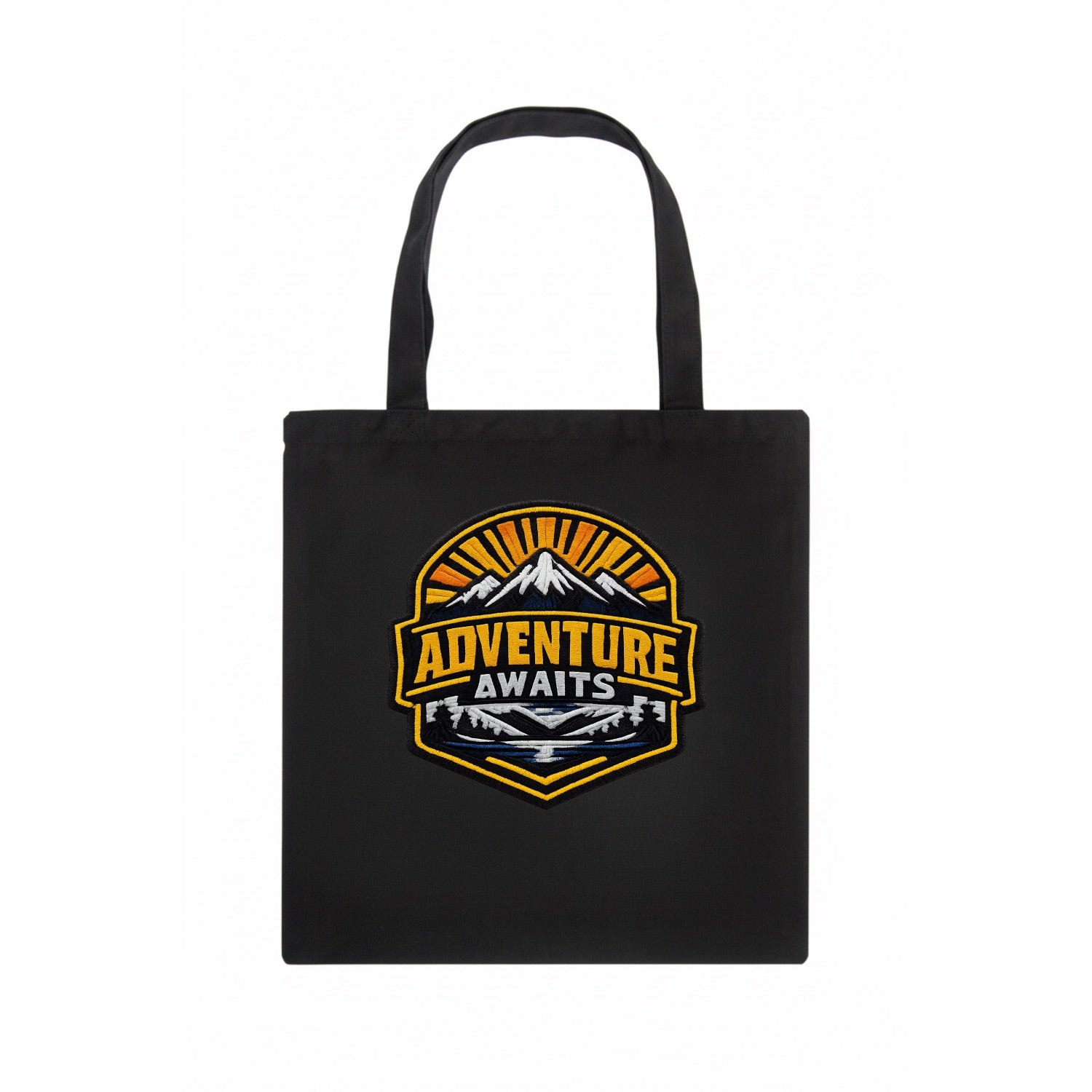 ADVENTURE AWAITS - mountain sunrise with text in gold and blue , wanderlust - Tote Bag - dark