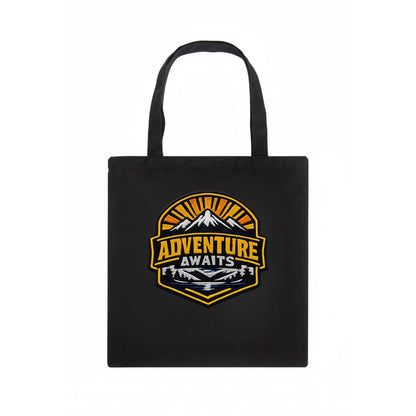 ADVENTURE AWAITS - mountain sunrise with text in gold and blue , wanderlust - Tote Bag - dark