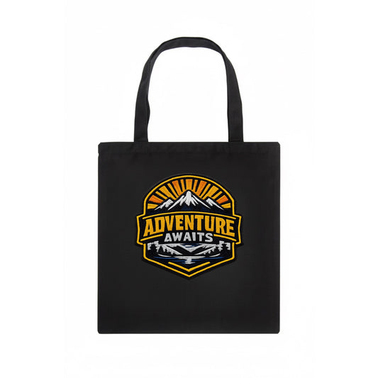 ADVENTURE AWAITS - mountain sunrise with text in gold and blue , wanderlust - Tote Bag - dark