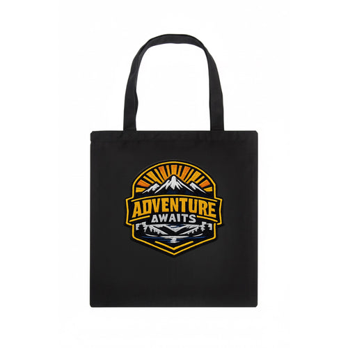 ADVENTURE AWAITS - mountain sunrise with text in gold and blue , wanderlust - Tote Bag