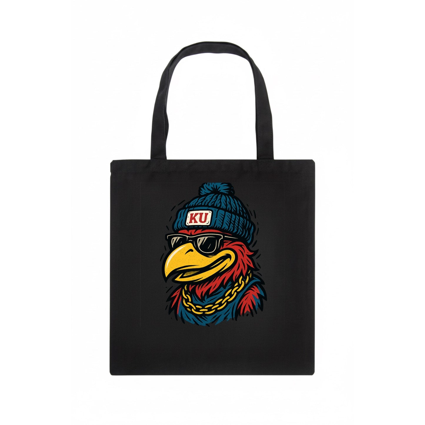 Lawrence Jayhawk wearing Kansas beanie with KU patch - Tote Bag - dark