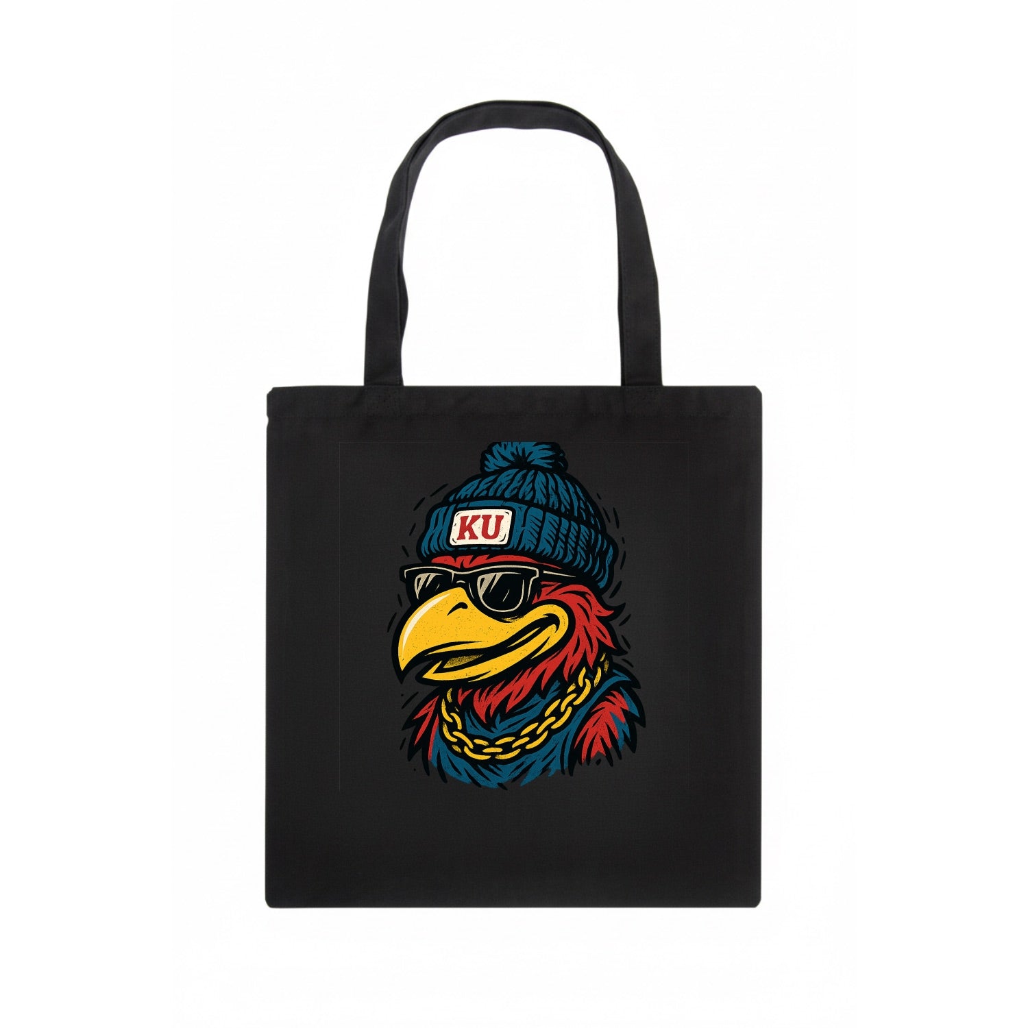Lawrence Jayhawk wearing Kansas beanie with KU patch - Tote Bag - dark