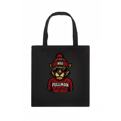 Pullman Cougar wearing Washington State beanie with WSU patch - Tote Bag - dark