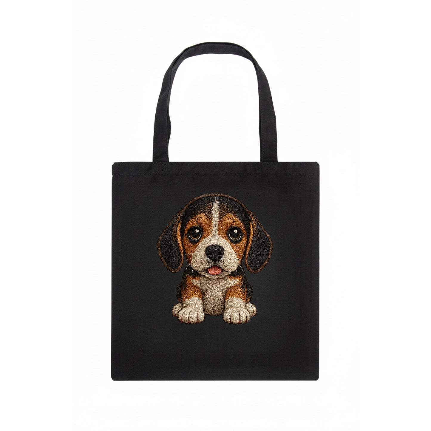 Baby Beagle Puppy - tricolor coat, long droopy ears, big pleading eyes, front-facing, - Tote Bag - dark