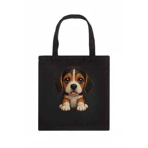 Baby Beagle Puppy - tricolor coat, long droopy ears, big pleading eyes, front-facing, - Tote Bag