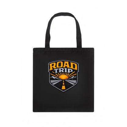 ROAD TRIP - highway and sun in orange and gray , open road - Tote Bag - dark