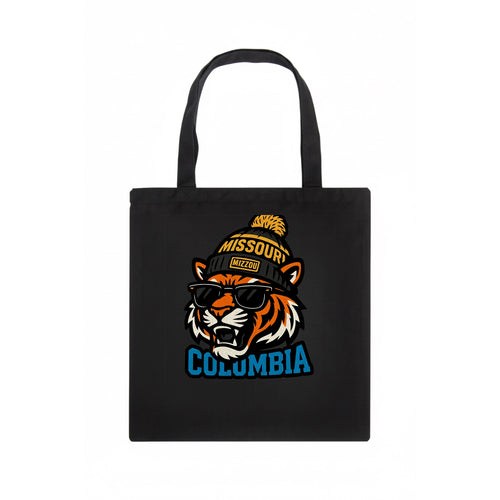 Columbia Tiger wearing Missouri beanie with Mizzou patch - Tote Bag