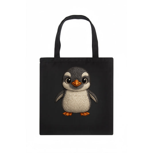 Baby Gentoo Penguin - orange beak, white cap, bright eyes, front-facing, energetic - Tote Bag - dark