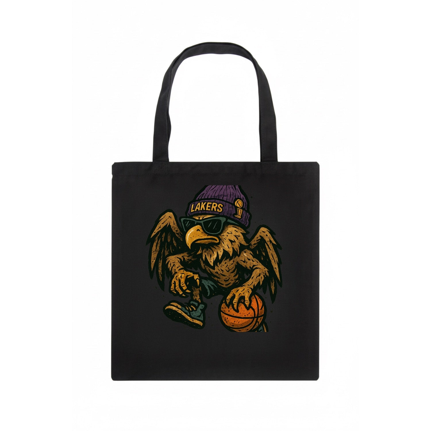 Los Angeles Golden Eagle wearing Lakers beanie with trophy patch and wayfarer sunglasses - Tote Bag - dark