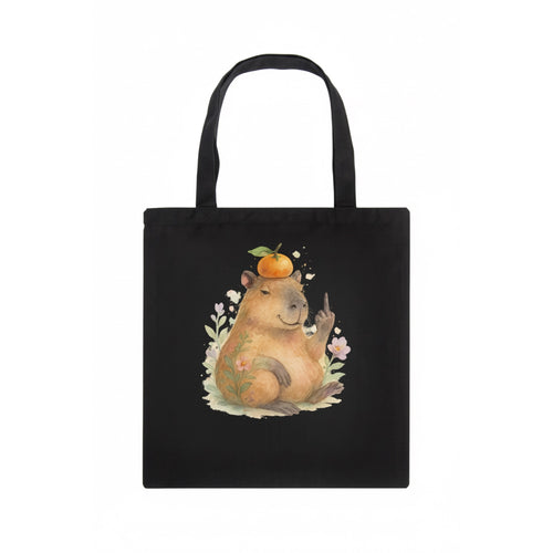 chonky capybara relaxing with orange on head, one webbed middle finger up - Tote Bag
