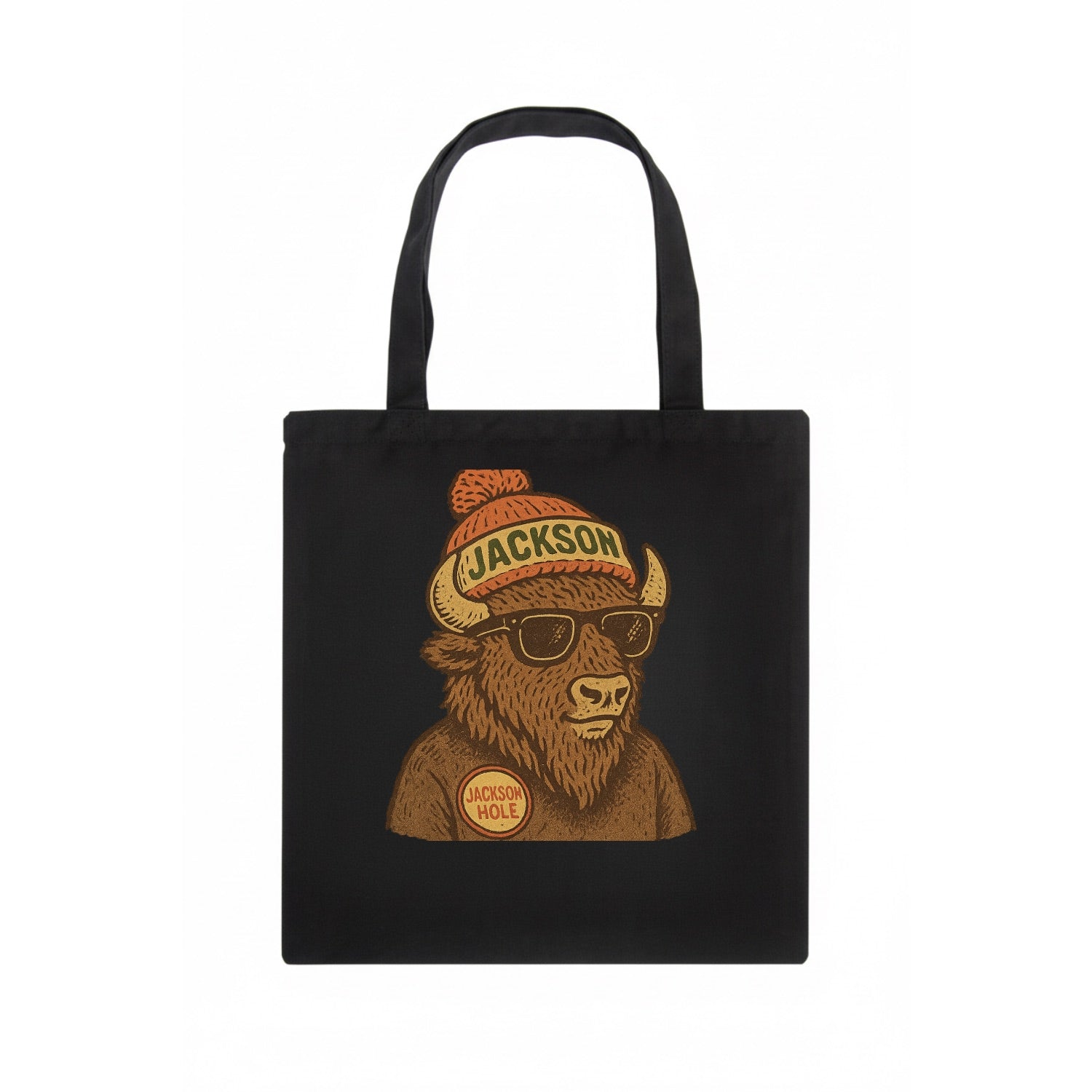 Jackson Hole Bison wearing Jackson beanie with pom pom and wayfarer sunglasses - Tote Bag - dark