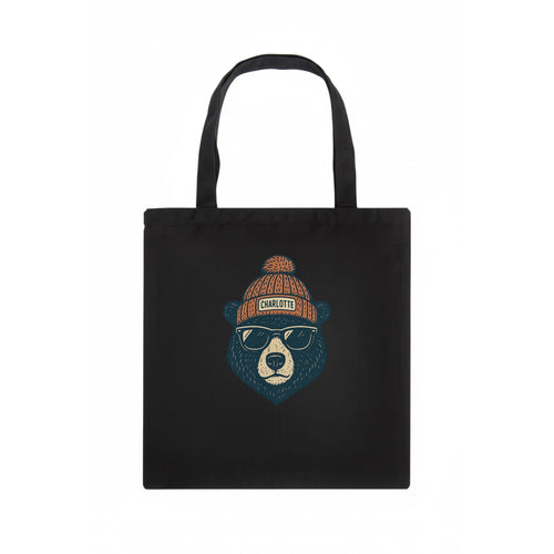 North Carolina Black Bear wearing Charlotte beanie with pom pom and wayfarer sunglasses - Tote Bag